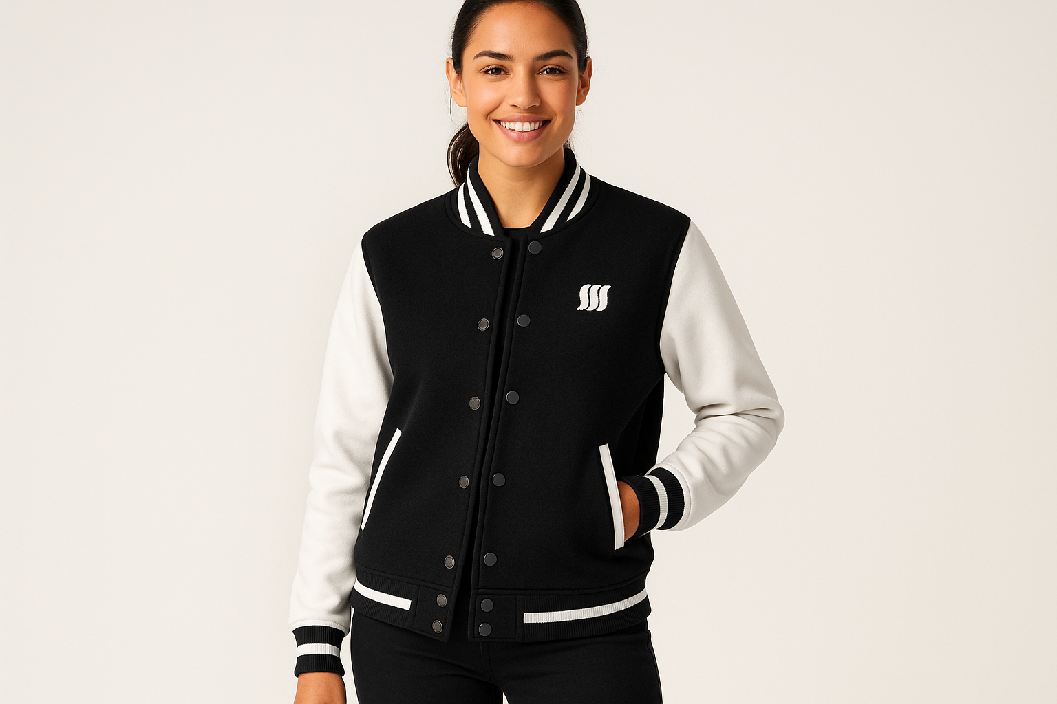 Femme portant une veste varsity avec petit logo