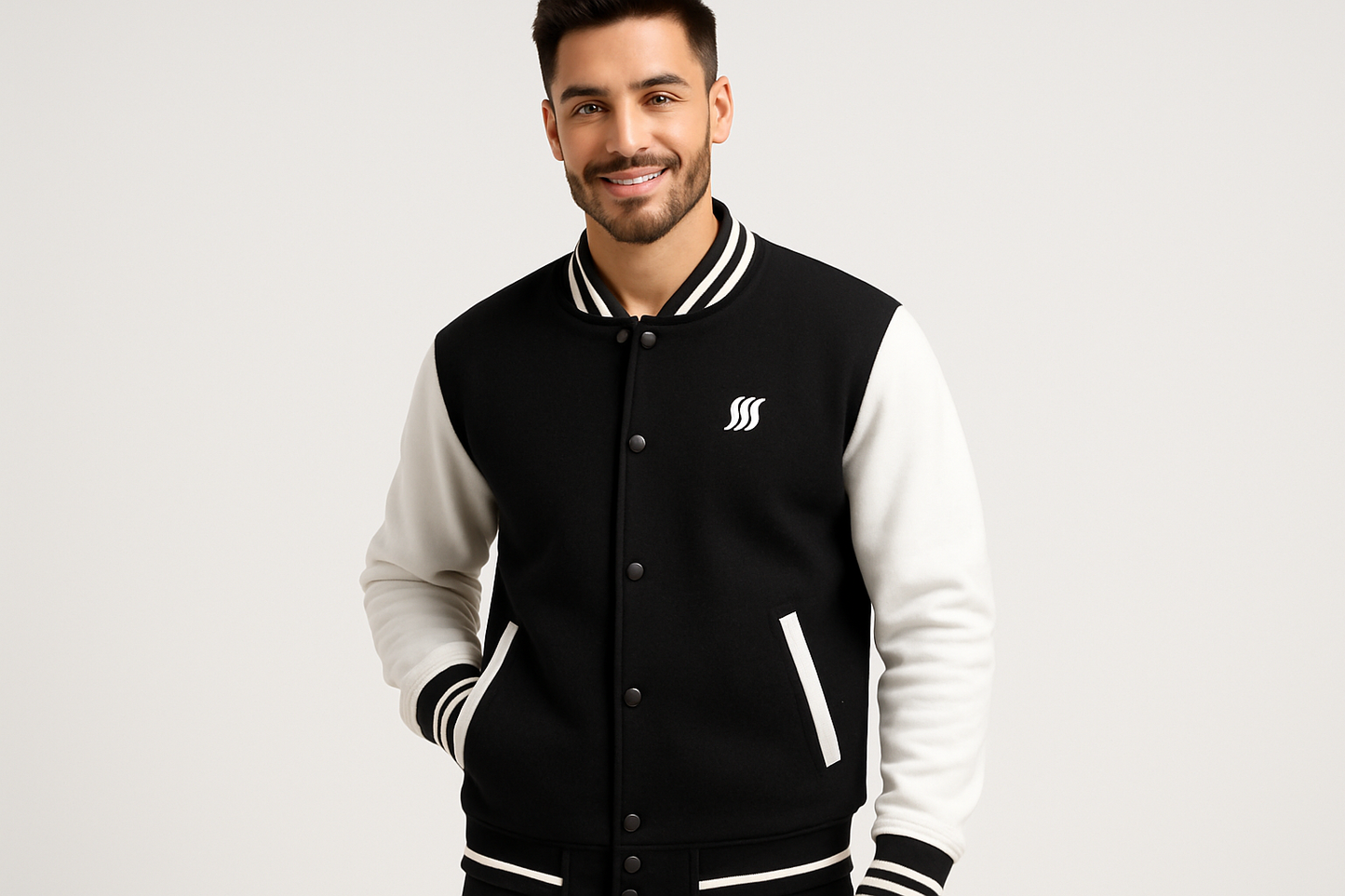 Homme portant une veste varsity avec petit logo