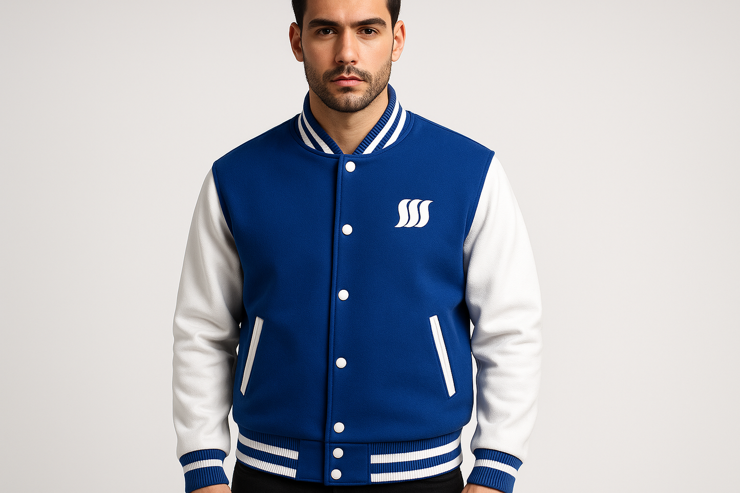 Varsity Jacket Bleu/Blanc porté par un homme