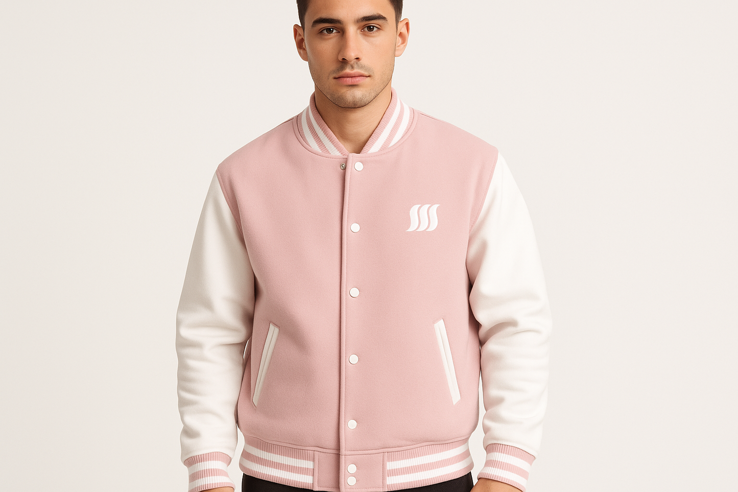 Varsity Jacket Rose/Blanc porté par un homme