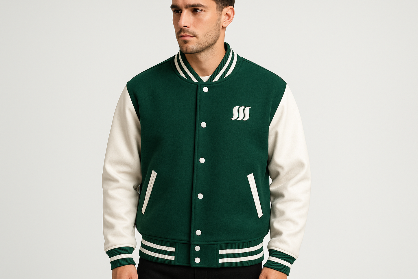 Varsity Jacket Vert/Blanc porté par un homme